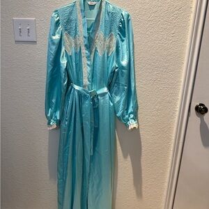 Elegant Blue Satin Robe with Lace Details